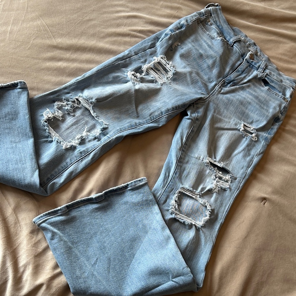 American Eagle Outfitters Light Blue High Waisted Distressed Flare Jeans